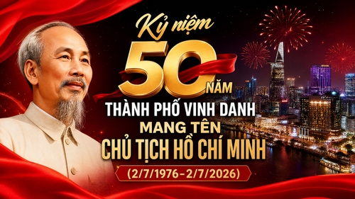 Kỷ niệm 50 năm Thành Phố vinh danh mang tên Chủ tịch Hồ Chí Minh (2/7/1976-2/7/2026), có ảnh chân dung Bác Hồ, thành phố HCM về đêm, có pháo hoa, phong cách hiện đại, tone đỏ đen, không thêm bất kì sản phẩm nào vô nha