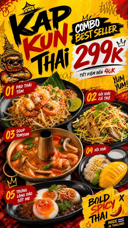 menu tên kap kun thai, combo best seller 299k: pad thái tôm, gỏi xoài cá trê, soup tomyum, xôi xoài, trứng lòng đào sốt me, tone vàng đỏ