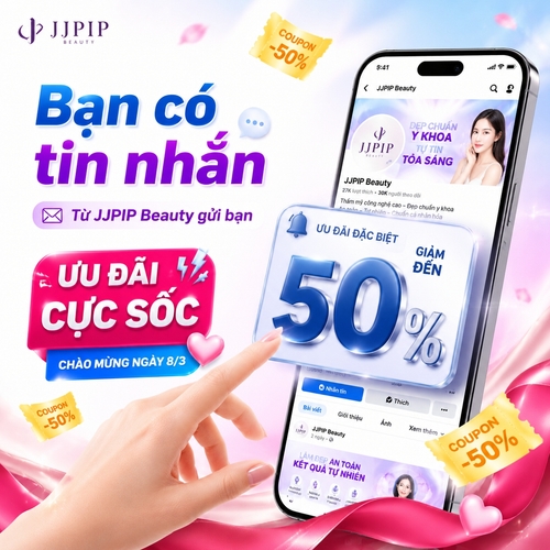 quảng cáo ưu đãi cho bệnh viện thẩm mỹ / spa / clinic, phong cách hiện đại, trẻ trung, nổi bật, bán hàng chuyên nghiệp.
Bố cục tập trung vào một chiếc điện thoại thông minh lớn đặt nghiêng bên phải khung hình, trên màn hình hiển thị giao diện fanpage / trang bán hàng của thương hiệu.
Ở giữa ảnh có một bàn tay nữ đang chạm vào màn hình điện thoại, tạo cảm giác đang mở tin nhắn khuyến mãi.
Từ màn hình điện thoại bật ra một thẻ thông báo ưu đãi lớn, trong đó có con số “50%” cực lớn, hiệu ứng 3D nổi, ánh kim xanh – bạc, rất bắt mắt.
Phần tiêu đề lớn bên trái là dòng chữ “Bạn có tin nhắn” với kiểu chữ hiện đại, đậm, nổi bật, phối màu xanh dương – tím, bên dưới có dòng nhỏ ghi nguồn gửi từ thương hiệu.
Thêm một badge / nhãn nổi bật ghi “ƯU ĐÃI CỰC SỐC” và dòng nhỏ “CHÀO MỪNG NGÀY 8/3”.
Nền tổng thể trắng sáng pha xanh hồng nhạt, có hiệu ứng ribbon / dải lụa đỏ và hồng uốn cong ở cạnh dưới, thêm coupon / vé giảm giá màu vàng bay xung quanh, kèm vài chi tiết ánh sáng mềm, hiệu ứng chuyển động, tạo cảm giác năng động và khuyến mãi hấp dẫn.
Logo thương hiệu JJPIP Beauty đặt ở góc trên trái.
Tổng thể mang phong cách quảng cáo ngành thẩm mỹ, sạch sẽ, cao cấp, sáng rõ, hiện đại, sắc nét, commercial design, high detail, ultra clean layout, 3D glossy elements, sharp typography, eye-catching promotion poster.
