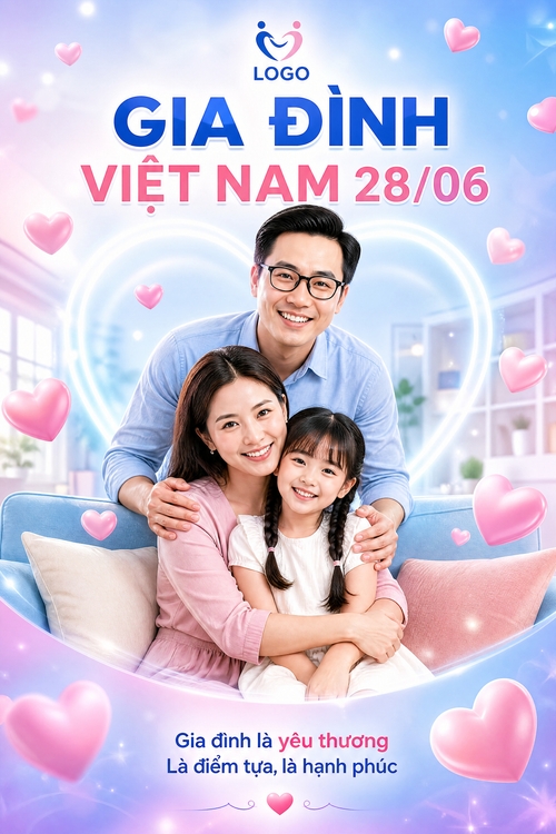 Thiết kế poster social media dọc chủ đề Global Day of Parents, phong cách gia đình hiện đại, ấm áp, cảm xúc và tươi sáng, tông màu chủ đạo xanh dương, hồng pastel, tím pastel và trắng.
Bố cục trung tâm là một gia đình châu Á gồm bố, mẹ và con gái nhỏ trong không gian phòng khách hiện đại.

Người bố đứng phía sau, đeo kính, mỉm cười thân thiện, đặt tay nhẹ lên vai vợ và con.
Người mẹ ngồi phía trước, ôm con gái, nụ cười ấm áp.
Bé gái nhỏ ngồi giữa, tóc tết hai bên, mặc áo sáng màu, biểu cảm vui vẻ, dễ thương.
Cả gia đình tạo dáng gần gũi, thân mật, thể hiện sự gắn kết yêu thương.

Phía sau gia đình là khung trái tim phát sáng màu trắng xanh, tạo điểm nhấn cảm xúc. Xung quanh có thêm nhiều trái tim 3D màu hồng pastel bay nhẹ, cùng các mảng blur mềm ở tiền cảnh và viền ảnh để tạo chiều sâu.

Nền là gradient xanh dương pha tím hồng pastel, có ánh sáng glow mềm và hiệu ứng mờ dịu. Không gian bên trong là phòng khách sáng hiện đại, sofa màu xanh nhạt, gối tựa sáng màu, cửa sổ và nội thất mờ nhẹ phía sau.

Phần chữ ở phía trên:

logo nhỏ đặt giữa trên cùng
headline lớn:
"GIA ĐÌNH VIỆT NAM 28/06”

Phía dưới cùng có thêm 1–2 dòng chữ nhỏ theo ngôn ngữ địa phương hoặc thông điệp ngắn về gia đình.
Tổng thể cần sạch, sáng, sang, cảm xúc, thân thiện, đúng chất poster chúc mừng ngày gia đình / ngày của cha mẹ, phù hợp social post thương hiệu, high detail, soft lighting, premium family campaign, clean modern composition.