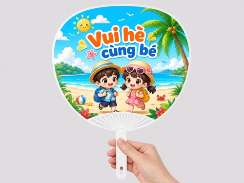 Vui hè cùng bé, hình ảnh chibi thiếu nhi mang balo đi biển, background biển, cây dừa,... màu sắc tươi sáng trẻ con