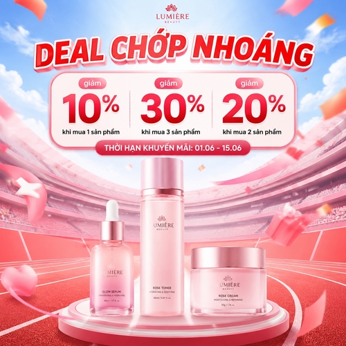 Tạo poster quảng cáo sản phẩm mỹ phẩm phong cách hiện đại, trẻ trung, bắt mắt, tông màu chủ đạo hồng pastel, đỏ và xanh da trời nhạt. Phía trên cùng có logo thương hiệu đặt gọn ở trung tâm. Ngay bên dưới là tiêu đề lớn nổi bật: “DEAL CHỚP NHOÁNG”, chữ in đậm, màu đỏ viền trắng, hiệu ứng nổi 3D nhẹ. Bên dưới tiêu đề là một khung bảng ưu đãi bo góc gồm 3 cột, hiển thị các mức giảm giá: giảm 10% khi mua 1 sản phẩm, giảm 30% khi mua 3 sản phẩm, giảm 20% khi mua 2 sản phẩm; bên dưới có một dải nhỏ ghi thời hạn khuyến mãi.

Phần nền là sân vận động / đường chạy thể thao màu đỏ, phối cảnh hơi cong tạo cảm giác năng động, hiện đại. Có thêm các mảng confetti bay nhẹ, shape màu hồng cam để tạo không khí khuyến mãi sôi động. Ở trung tâm và tiền cảnh đặt 3 sản phẩm mỹ phẩm màu hồng gồm: 1 chai serum có ống nhỏ giọt, 1 chai xịt/toner cao, và 1 hũ kem dưỡng lớn, bố cục so le trước sau để tạo chiều sâu. Bao bì sản phẩm mang phong cách nữ tính, sạch sẽ, dễ thương, thiết kế tối giản

Tổng thể ảnh sáng, mềm mại, chuyên nghiệp, thu hút, phù hợp cho poster sale mỹ phẩm trên mạng xã hội. Ánh sáng đều, sản phẩm sắc nét, nền hơi mờ nhẹ để làm nổi bật sản phẩm.