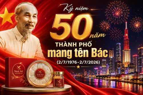 Kỷ niệm 50 năm Thành Phố mang tên Bác (2/7/1976-2/7/2026), có ảnh chân dung Bác Hồ, thành phố HCM về đêm, có pháo hoa, phong cách hiện đại, tone đỏ đen