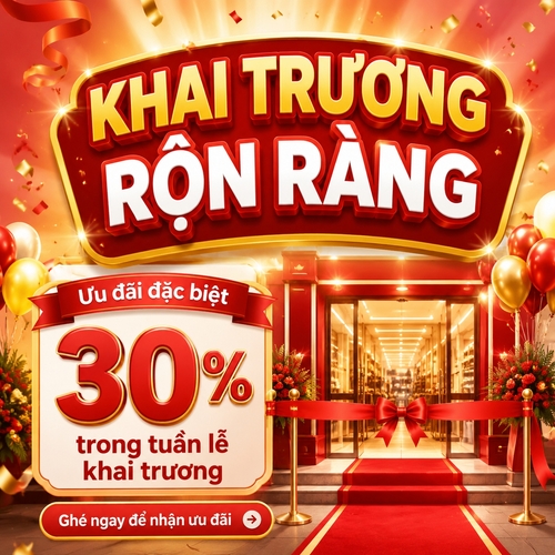 Tạo social post 1:1 chủ đề khai trương.
Tiêu đề: KHAI TRƯƠNG RỘN RÀNG
Nội dung: Ưu đãi đặc biệt 30% trong tuần lễ khai trương
CTA: Ghé ngay để nhận ưu đãi
Phong cách vui tươi, sang trọng, có hiệu ứng trang trí nổi bật.