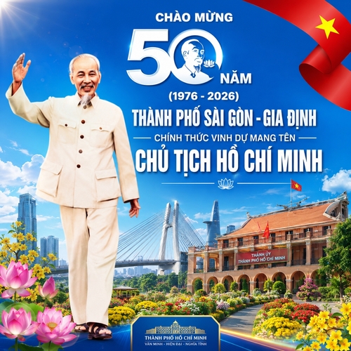 Chào mừng 50 năm (1976-2026) thành phố Sài Gòn - Gia Định chính thức vinh dự mang tên Chủ Tịch Hồ Chí Minh nền màu xanh dương chữ màu trắng, có hình Bác Hồ là chính, biểu tượng của Thành phố nằm sau như cầu Ba Son, thành ủy TPHCM, đường hoa