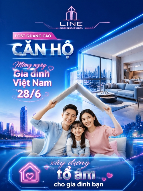Post quảng cáo căn hộ, Mừng ngày Gia đình Việt Nam 28/6, slogan "xây dựng tổ ấm cho gia đình bạn", logo line ngôi nhà ở giữa, phong cách hiện đại, tone màu xanh dương, hồng, trắng