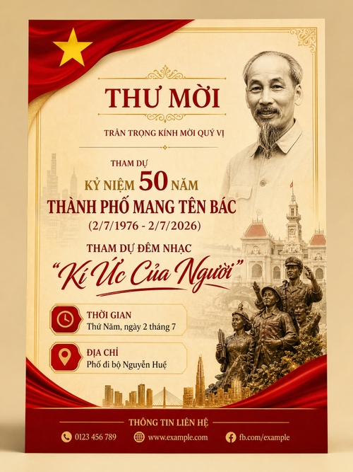 tạo thư mời kỷ niệm 50 năm thành phố mang tên Bác (2/7/1976 -2/7/2026), tham dự đêm nhạc kí ức của Người