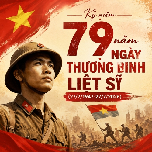 Kỷ niệm 79 năm ngày thương binh liệt sĩ (27/7/1947-27/7/2026), có ảnh chân dung 1 người chiến sĩ, cảnh lịch sử, có cờ Giải phóng, phong cách cũ, tone đỏ be, không thêm bất kì sản phẩm nào vô nha