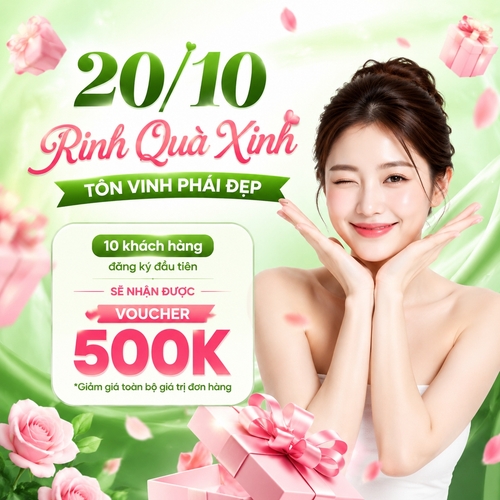 20/10 Rinh Quà Xinh TÔN VINH PHÁI ĐẸP, 10 khách hàng đăng ký đầu tiên SẼ NHẬN ĐƯỢC VOUCHER 500K *Giảm giá toàn bộ giá trị đơn hàng. Nền màu xanh lá và trắng, họa tiết có hộp quà màu hồng nhạt bay ra, có hộp quà làm mờ tạo hiệu ứng, và cánh hoa hồng màu hồng nhạt bay bay, phong cách theo hướng thẩm mỹ, làm đẹp hiện đại