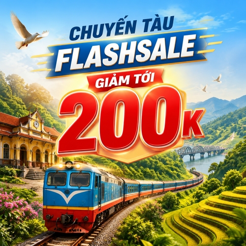 Tạo post quảng cáo dọc phong cách hiện đại, nổi bật. [Tiêu đề: CHUYẾN TÀU FLASHSALE], [Ưu đãi lớn: GIẢM TỚI 200K], trong đó số “200” thật lớn ở trung tâm, màu đỏ nổi bật. Dùng hình ảnh chính là một đoàn tàu xanh đỏ chạy trên đường ray uốn lượn ở tiền cảnh, bao quanh là phong cảnh Việt Nam với ruộng bậc thang, đồi cây xanh, cây cầu phía xa, một ga tàu / công trình kiến trúc cổ và chim trắng bay nhẹ. Tổng thể mang cảm giác du lịch, ưu đãi hấp dẫn, màu sắc tươi sáng, bố cục cuốn hút, chuyên nghiệp, không cần logo.