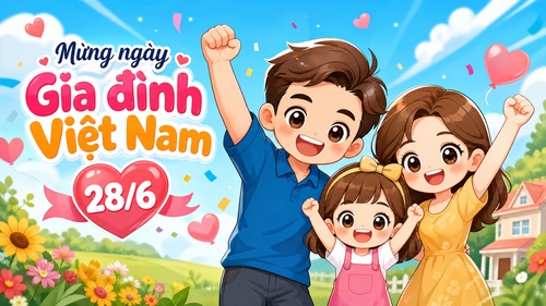 Mừng ngày Gia đình Việt Nam 28/6,  gia đình 3 người đang yeah, phong cách dễ thương chibi, màu sắc tươi sáng