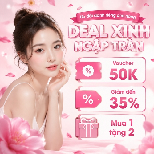 Ưu đãi dành riêng cho nàng
DEAL XINH NGẬP TRÀN
Voucher 50K
Giảm đến 35%
Mua 1 tặng 2
Màu hồng nhạt, có cánh hoa bay, phong cách thẩm mỹ, làm đẹp, hiện đại