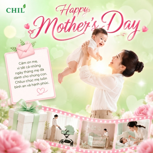 chủ đề Mother’s Day, phong cách ngọt ngào, cảm xúc, nữ tính, hiện đại, tông màu chủ đạo xanh lá pastel, trắng kem. Bố cục mềm mại, sáng, ấm áp, mang cảm giác gia đình và yêu thương. Ở trung tâm lệch phải là hình ảnh người mẹ trẻ châu Á mặc áo sơ mi trắng và quần màu be, đang bế nâng em bé lên cao bằng hai tay. Em bé mặc đồ trắng, cười tươi, đáng yêu, tương tác tự nhiên với mẹ. Ánh sáng dịu, có hiệu ứng glow nhẹ phía giữa mẹ và bé, tạo cảm giác hạnh phúc và thiêng liêng. Nền là gradient xanh lá pastel kết hợp bokeh tròn mờ, các hình trái tim mờ lớn ở background để tăng cảm giác lãng mạn và ấm áp. Phía trên là dòng chữ script lớn màu hồng: “Happy Mother’s Day” Logo thương hiệu đặt ở góc trên trái: CHIL. Bên trái ảnh có một khung giấy ghi chú màu trắng hồng, hơi nghiêng nhẹ, với nội dung: “Cảm ơn mẹ, vì tất cả những ngày tháng mẹ đã dành cho chúng con. Chilux chúc mẹ luôn bình an và hạnh phúc.” Phía trên khung note có icon phong bì thư nhỏ. Phía dưới bên trái là hộp quà màu trắng xanh lá pastelcó nơ lớn màu xanh lá pastel, tạo cảm giác quà tặng ngày đặc biệt. Phía dưới ảnh chạy ngang là một dải film strip màu hồng cong mềm, bên trong chứa 3 khung ảnh nhỏ về mẹ và bé / sản phẩm gia đình: mẹ đẩy xe nôi mẹ trong không gian phòng trẻ em mẹ chăm con bên giường cũi Tiền cảnh có hoa hồng / hoa mẫu đơn màu hồng được làm mờ ở góc dưới để tạo chiều sâu. Tổng thể ảnh phải nhẹ nhàng, cao cấp, cảm xúc, quảng cáo thương mại đẹp mắt, phù hợp cho social post mừng Ngày của Mẹ, bố cục rõ ràng, màu sắc dịu ngọt.