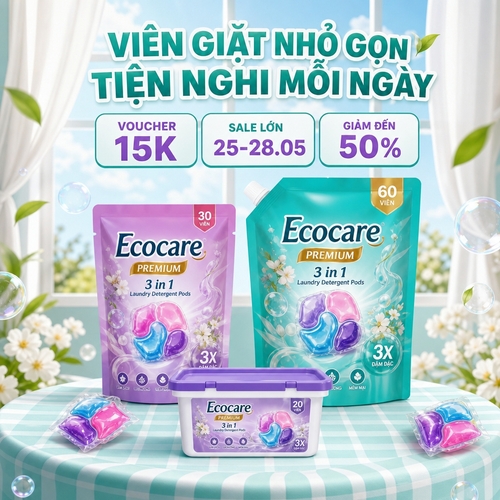 Tạo poster quảng cáo viên giặt / viên giặt xả phong cách sạch sẽ, hiện đại, tươi mát, bố cục vuông 1:1. Tông màu chủ đạo xanh mint, trắng, xanh ngọc và tím pastel, cảm giác thơm mát, tiện lợi, gia dụng hiện đại. Nền là khung cửa sổ lớn với rèm trắng mềm, nhìn ra bầu trời sáng nhẹ và không gian trong trẻo. Phía dưới là mặt bàn hoặc bục tròn có họa tiết sọc / caro uốn cong tông xanh mint trắng, tạo chiều sâu hiện đại.

Ở trung tâm đặt 3 sản phẩm viên giặt với bố cục tam giác:

1 túi refill lớn ở bên phải,
1 túi đứng ở bên trái,
1 hộp nhựa thấp ở phía trước.

Bao bì sản phẩm rực rỡ, phối màu xanh, tím, hồng, có hình viên giặt nhiều màu bóng sáng trên nhãn. Xung quanh có thêm 2–3 viên giặt rời đặt phía trước để làm nổi bật công dụng. Thêm các chi tiết trang trí như lá xanh bay nhẹ, bọt nước / bong bóng trong suốt, hoa trắng nhỏ để tăng cảm giác sạch thơm và dịu nhẹ.

Phía trên cùng là headline lớn phong cách đậm, hiện đại, màu xanh mint nổi bật: nhấn mạnh sự nhỏ gọn và tiện nghi của viên giặt. Bên dưới headline là 3 ô thông tin khuyến mãi bo góc, hiển thị voucher, ngày sale và mức giảm giá. Tổng thể ảnh cần rõ sản phẩm, sáng, sạch, bắt mắt, chuẩn social post bán hàng.

Ánh sáng mềm, hiệu ứng glow nhẹ, sản phẩm sắc nét, nền hơi mờ nhẹ để tập trung vào sản phẩm, thiết kế thương mại chuyên nghiệp.