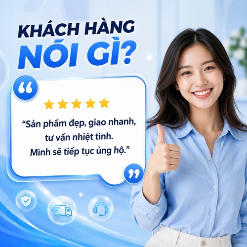 Tiêu đề: KHÁCH HÀNG NÓI GÌ?
Nội dung: “Sản phẩm đẹp, giao nhanh, tư vấn nhiệt tình. Mình sẽ tiếp tục ủng hộ.”
Phong cách tin cậy, tinh tế, có thể dùng khung trích dẫn nổi bật.