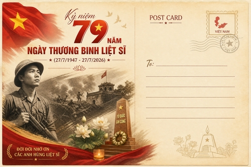 Tạo thiết kế postcard phù hợp in ấn thực tế. Phần thiết kế có Tiêu đề: kỷ niệm 79 năm...
