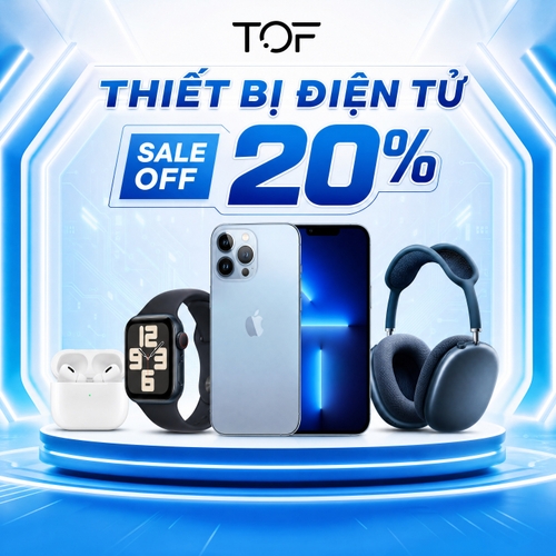 tạo sản phẩm về thiết bị điện tử sale off 20%, background hiện đại futuristic, màu xanh trắng, logo TOF đơn giản