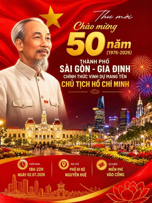 có hình ảnh của Bác Hồ là chính, biểu tượng thành phố như UBND TPHCM, Bitexco, con đường hoa, pháo hoa vào buổi tối