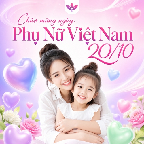 Thiết kế social, tông hồng pastel, tím pastel, trắng, xanh lá nhạt, phong cách hiện đại nhẹ nhàng cảm xúc. Trung tâm là mẹ trẻ châu Á mặc áo trắng ôm bé gái nhỏ từ phía sau, cả hai mỉm cười hạnh phúc. Nền gradient hồng tím có trái tim 3D xanh tím, ánh sáng mềm, glow nhẹ. Phía trên có logo nhỏ, headline lớn “Chào mừng ngày Phụ Nữ Việt Nam 20/10”,  tổng thể sạch, sang, ấm áp, chuẩn poster social media.