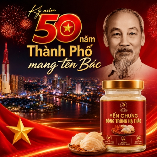 Kỷ niệm 50 năm Thành Phố mang tên Bác, có ảnh chân dung Bác Hồ, thành phố HCM về đêm, có pháo hoa, phong cách hiện đại, tone đỏ đen