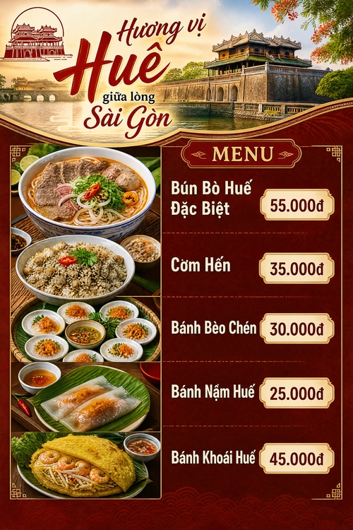 background có ảnh địa danh nổi tiếng ở Huế, có ảnh minh họa từng món