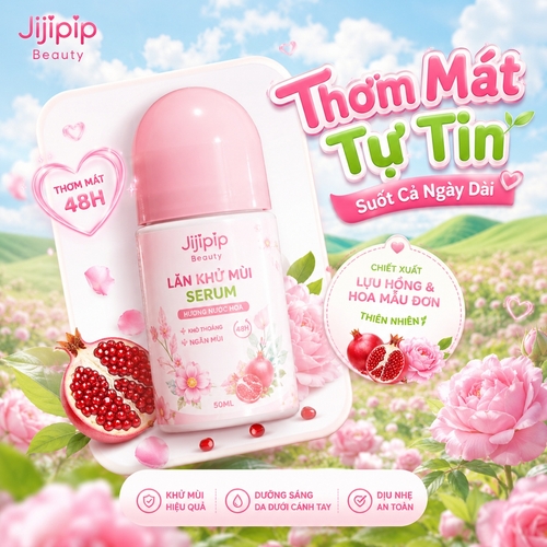 Tạo poster quảng cáo sản phẩm lăn khử mùi serum phong cách ngọt ngào, nữ tính, tươi sáng, tông màu chủ đạo hồng pastel, xanh lá non, trắng và xanh da trời. cảm giác sạch sẽ, trẻ trung, đáng yêu. Nền là đồng cỏ hoa hồng nhạt trải dài, đồi cỏ xanh uốn lượn, bầu trời xanh có nhiều mây trắng bồng bềnh, ánh sáng dịu nhẹ như buổi sáng.

Ở trung tâm là một chai lăn khử mùi serum màu hồng pastel, nắp tròn lớn, thân chai trắng-hồng, thiết kế bao bì nữ tính với hoa minh họa mềm mại. Sản phẩm được đặt nổi bật trên một khung thẻ bo góc màu trắng hơi nghiêng để tạo chiều sâu. Xung quanh sản phẩm có hoa màu hồng, quả lựu tách đôi với hạt đỏ mọng, lá xanh và các chi tiết trang trí đáng yêu. Thêm các icon trái tim vẽ tay màu hồng neon bay quanh để tạo cảm giác yêu thích, mềm mại, dễ thương.

Phía trên có logo thương hiệu Jijipip Beauty đặt nhỏ gọn bên trái. Bên phải là headline lớn phong cách vui tươi, nữ tính, với chữ nổi bật màu hồng và xanh lá. Bên dưới hoặc cạnh sản phẩm có badge tròn / khung thông tin nhỏ để nhấn mạnh thành phần tự nhiên như chiết xuất trái cây. Phần dưới khung thẻ có dòng nhấn sale / công dụng dạng chữ nổi bật, hiện đại, dễ đọc.

Tổng thể ảnh mang cảm giác quảng cáo mỹ phẩm thiên nhiên,ngọt ngào như cổ tích, ánh sáng trong, sản phẩm sắc nét, nền hơi mơ màng, chuyên nghiệp, bắt mắt, phù hợp đăng social post mỹ phẩm