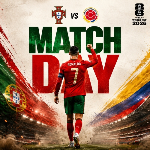 Ultra-realistic football match day poster design, Cristiano Ronaldo seen from the back wearing Portugal red jersey number 7, fist raised in victory, walking forward confidently, giant bold typography “MATCH DAY” behind player, modern sports graphic design, Portugal vs Colombia logos at top, FIFA World Cup 2026 branding, cinematic stadium atmosphere, textured off-white background, national flag elements blended diagonally, dramatic lighting, dust particles, high-detail jersey fabric, centered composition, editorial sports poster style, minimal premium layout, green red yellow color palette, realistic shadows, sharp focus, Nike/Puma style campaign aesthetic, 4k.