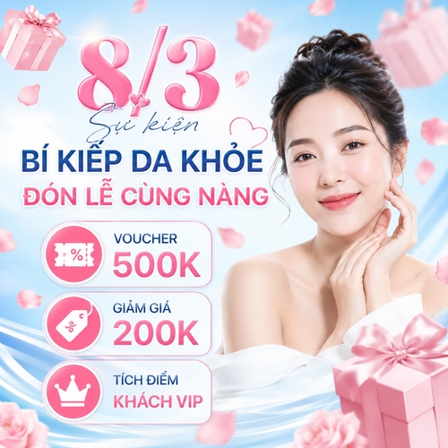 8/3 Sự kiện BÍ KIẾP DA KHỎE ĐÓN LỄ CÙNG NÀNG,  VOUCHER 500K, GIẢM GIÁ 200K, TÍCH ĐIỂM KHÁCH VIP . Nền màu xanh dương nhạt và trắng, họa tiết có hộp quà màu hồng nhạt bay ra, có hộp quà làm mờ tạo hiệu ứng, và cánh hoa hồng màu hồng nhạt bay bay, phong cách theo hướng thẩm mỹ, làm đẹp hiện đại