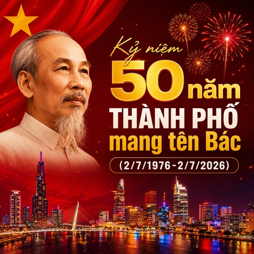 Kỷ niệm 50 năm Thành Phố mang tên Bác (2/7/1976-2/7/2026), có ảnh chân dung Bác Hồ, thành phố HCM về đêm, có pháo hoa, phong cách hiện đại, tone đỏ đen, không thêm bất kì sản phẩm nào vô nha