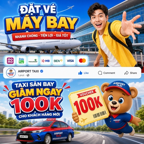 Tạo poster quảng cáo dịch vụ đặt vé máy bay và taxi sân bay phong cách trẻ trung, năng động, hiện đại, bố cục vuông 1:1. Tông màu chủ đạo xanh dương, trắng, đỏ và vàng, cảm giác sôi động, dễ nhìn, chuẩn social post thương mại.

Bố cục chia làm 2 phần rõ ràng:

Phần trên:
Nền là sân bay hiện đại với máy bay đỗ trên đường băng, bầu trời xanh trong, một nhà ga kính lớn bên phải. Ở góc phải có một chàng trai trẻ châu Á mặc áo vàng, biểu cảm vui vẻ, năng lượng, tạo dáng lao người về phía trước như đang tương tác với người xem. Phía trên trái là headline lớn về dịch vụ đặt vé máy bay, bên dưới có một hàng icon ứng dụng / ví điện tử / ngân hàng dạng bo góc phát sáng.

Phần giữa:
Có giao diện kiểu bài đăng mạng xã hội, thanh tương tác giống Facebook với avatar thương hiệu, nút like, comment, share, tạo cảm giác đây là một post quảng cáo online.

Phần dưới:
Nền là đường lớn ngoài trời với thành phố mờ phía xa, một chiếc taxi đỏ-xanh đang chạy trên đường. Phía phải là mascot gấu 3D đáng yêu mặc đồng phục xanh đỏ, đội nón thương hiệu, cười tươi và bay lơ lửng. Mascot cầm một voucher lớn nổi bật với chữ 100K màu đỏ thật to. Bên trái có cụm chữ quảng cáo ưu đãi taxi sân bay theo phong cách vui nhộn, dễ đọc.

Tổng thể ảnh cần:

Màu tươi sáng, thương mại, bắt mắt
Nhân vật trẻ trung, thân thiện
Hiệu ứng 3D nhẹ cho mascot và voucher
Bố cục rõ ràng, nhiều lớp nhưng không rối
Ánh sáng sạch, sắc nét, phù hợp quảng cáo digital