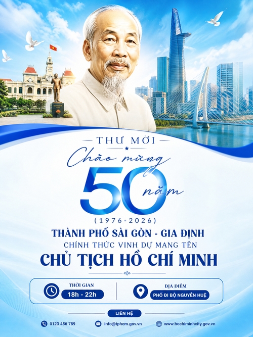 có hình Bác Hồ là chính, biểu tượng của Thành phố nằm sau như UBND TPHCM, Bitexco, cầu Ba Son