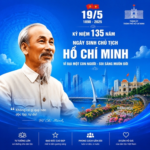 nền màu xanh dương chữ màu trắng, có hình Bác Hồ là chính, biểu tượng của Thành phố nằm sau như cầu Ba Son, thành ủy TPHCM, đường hoa
