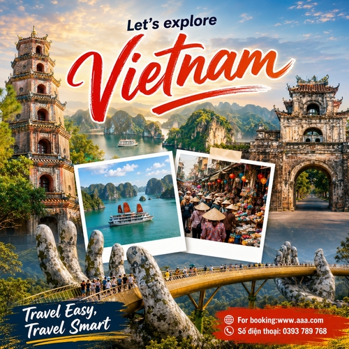 Tạo post du lịch dọc phong cách hiện đại, dạng collage sáng tạo. [Tiêu đề: Let’s explore Vietnam], trong đó “Let’s explore” nhỏ phía trên, chữ “Vietnam” viết tay lớn nổi bật ở giữa. Dùng các hình ảnh đặc trưng Việt Nam gồm: Chùa Thiên Mụ hoặc tháp cổ ở bên trái, cổng di tích cổ ở bên phải, Cầu Vàng Đà Nẵng với bàn tay đá ở phần dưới trung tâm, thêm 2 khung ảnh kiểu polaroid chồng lớp gồm một ảnh vịnh Hạ Long với thuyền du lịch và một ảnh chợ / phố Việt Nam đông người đội nón lá. Phần nền là phong cảnh thiên nhiên Việt Nam hòa trộn nhẹ nhàng. Góc dưới trái thêm dòng chữ [Travel Easy, Travel Smart]. Góc dưới phải thêm thông tin [For booking:www.aaa.com], [Số điện thoại: 0393 789 768]. Không cần logo. Tổng thể nổi bật, thu hút, màu sắc sống động, bố cục hài hòa, chuyên nghiệp, sắc né