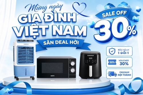 Mừng ngày gia đình Việt Nam, săn deal hời, sale off 30% cho các sản phẩm quạt hơi nước, lò vi sóng, nồi chiên không dầu. bảo hành 1 đổi 1, voucher 30%, freeship nội thành, phong cách hiện đại, tone xanh trắng