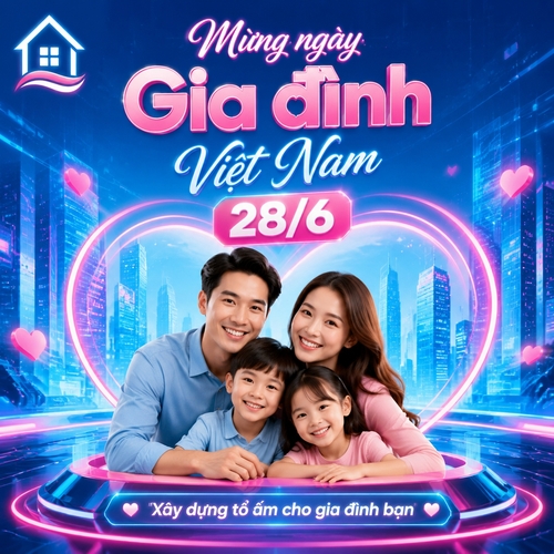 Mừng ngày Gia đình Việt Nam 28/6, slogan "xây dựng tổ ấm cho gia đình bạn", logo hình ngôi nhà ở trên góc trái, phong cách hiện đại, tone màu xanh dương, hồng, trắng