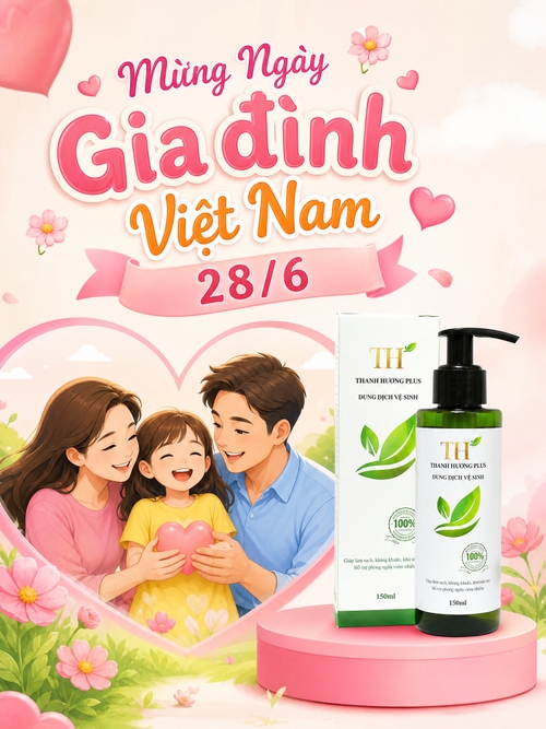 Mừng Ngày Gia đình Việt Nam 28/6, màu pastel, phong cách dễ thương, có hình vẽ gia đình 3 người đang vui vẻ