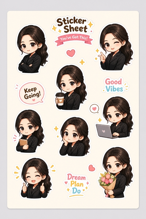 Tạo thiết kế sticker sheet bố cục dọc, ảnh vuông 1:1, bố cục giống một tờ sticker...