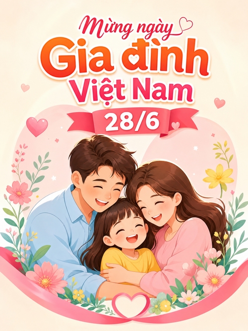 Mừng ngày Gia đình Việt Nam 28/6, màu pastel, phong cách dễ thương, có hình vẽ gia đình 3 người vui vẻ, không thêm bất kỳ sản phẩm nào vô nha