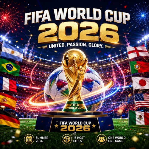 Thiết kế một bài đăng social media chủ đề FIFA World Cup 2026 với phong cách hiện đại, trẻ trung và đầy năng lượng. Bố cục vuông 1:1 dành cho Facebook/Instagram.
Background là sân vận động bóng đá hiện đại vào ban đêm, ánh đèn rực rỡ, khán đài đông kín cổ động viên, hiệu ứng pháo sáng, ánh sáng xanh - đỏ - vàng tạo cảm giác bùng nổ.
Ở trung tâm là chiếc cúp vàng World Cup đặt trên bệ, phía sau là quả bóng thi đấu hiện đại cùng các dải sáng chuyển động mô phỏng tốc độ. Hai bên có các lá cờ của nhiều quốc gia, hiệu ứng chuyển động của bóng, vệt sáng và các hạt bụi phát sáng.
Tone màu chủ đạo: đỏ, xanh navy, vàng ánh kim và trắng. Phong cách hiện đại, thể thao, mạnh mẽ