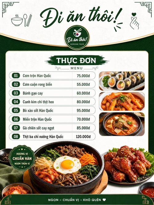 Phong cách hàn, hiện đại, đơn giản, trẻ trung, hấp dẫn, kèm món ăn lớn tượng trưng