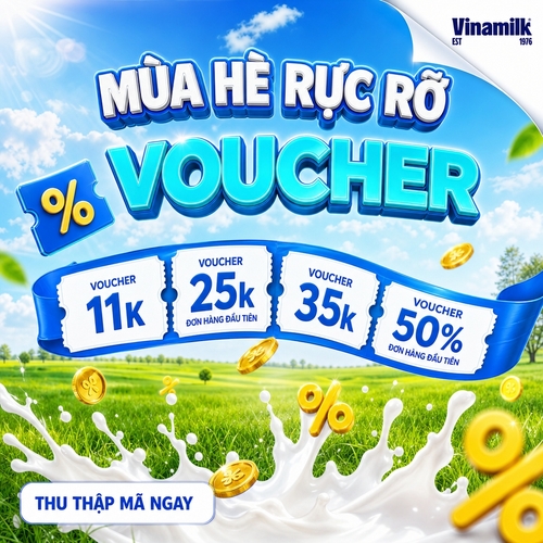 Một banner tiếp thị kỹ thuật số chủ đề mùa hè sôi động, lấy cảm hứng từ image_bd7bbf.jpg. Nền là một cánh đồng cỏ xanh tươi đầy nắng dưới bầu trời xanh trong với những đám mây trắng bồng bềnh và những tia nắng chiếu xuống. Ở góc trên bên phải, một nếp gấp giấy trắng để lộ logo thương hiệu màu xanh đậm. Văn bản phía trên ghi chữ 'MÙA HÈ RỰC RỠ' bằng chữ 3D màu xanh và trắng cách điệu, đậm. Phía dưới, chữ 'VOUCHER' lớn màu xanh ngọc. Một biểu tượng voucher 3D màu xanh với ký hiệu phần trăm màu vàng trôi nổi bên trái. Một dải ruy băng màu xanh dài uốn lượn từ trái sang phải, chứa bốn thẻ mã giảm giá màu trắng. Các phiếu giảm giá hiển thị văn bản như 'VOUCHER 11K', 'VOUCHER 25k ĐƠN HÀNG ĐẦU TIÊN', 'VOUCHER 35k', và 'VOUCHER 50% ĐƠN HÀNG ĐẦU TIÊN'. Phần dưới của banner được trang trí bằng các tia sữa trắng bắn tung tóe đầy năng động, các đồng xu vàng nhỏ trôi nổi và các ký hiệu phần trăm màu vàng. Một nút kêu gọi hành động màu trắng ở góc dưới bên trái ghi 'THU THẬP MÃ NGAY' bằng chữ màu xanh thanh lịch. Thẩm mỹ tươi sáng, thương mại và sạch sẽ.