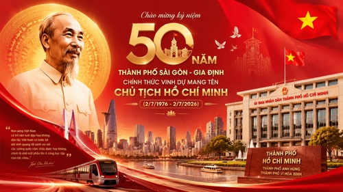 chào mừng kỷ niệm 50 năm thành phố Sài Gòn - Gia Định chính thức vinh dự mang tên Chủ tịch Hồ Chí Minh (2/7/1976 - 2/7/2026), cảnh thành phố, có hình bóng Bác Hồ, có ủy ban thành phố, có cờ Việt Nam, tone đỏ hiện đại