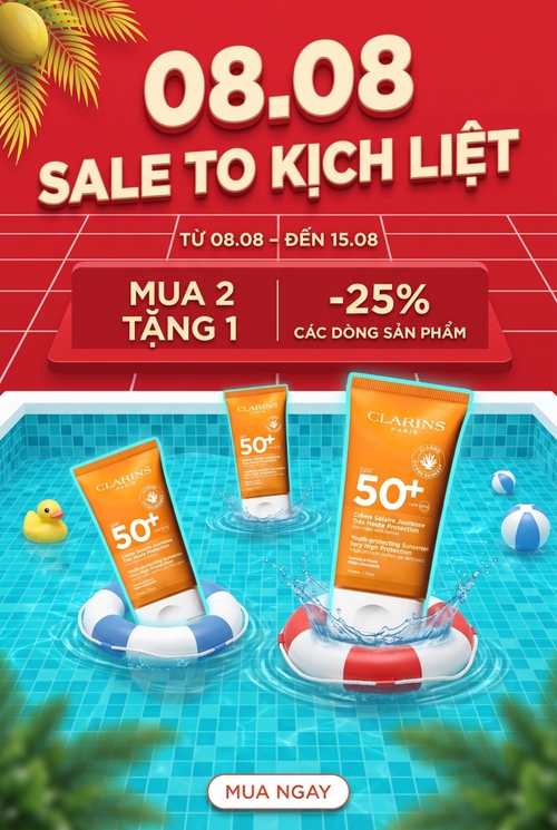 Từ hình https://media.penci.vn/bfc/image/transform/width=800,height=800/libs/imgupload/2026/07/upload_367_Y6bRBJPRrSGV.jpg kết hợp cho ra thiết kế với nội dung: Một poster quảng cáo chương trình khuyến mãi cho: Kem chống nắng, mang phong cách tropical pool party kết hợp 3D commercial product showcase, màu sắc rực rỡ, không khí mùa hè sôi động, [BỐ CỤC LÕI & TÍNH CHẤT VẬT LIỆU]Phông nền: Chia poster thành hai không gian chính. Nửa trên là mặt phẳng quảng cáo màu đỏ rực có các đường kẻ trắng dạng lịch hoặc sân khấu sale. Nửa dưới là hồ bơi xanh cyan trong trẻo, có gạch mosaic, mặt nước phản sáng và các đường gợn sóng tự nhiên.[KIỂU DÁNG FONT CHỮ & STYLE CHỮ – TYPOGRAPHY ĐỘC BẢN]



[KIỂU DÁNG FONT CHỮ & STYLE CHỮ – TYPOGRAPHY ĐỘC BẢN]

Cơ chế đồng bộ hình ảnh: Trung tâm hồ bơi bố trí bộ sản phẩm chứa [DÒNG SẢN PHẨM CHÍNH VÀ Ý NGHĨA ĐỒNG BỘ] theo dạng trưng bày nổi trên mặt nước.


Sản phẩm chính có kích thước lớn nhất, đặt ở tiền cảnh bên phải.


Sản phẩm thứ hai đặt ở tiền cảnh bên trái, hơi nghiêng để tạo chuyển động.


Sản phẩm thứ ba nhỏ hơn, đặt lùi vào giữa hậu cảnh để tạo bố cục tam giác cân bằng.Vật thể nâng đỡ: Các sản phẩm được đặt trên phao bơi tròn màu đỏ trắng hoặc trắng xanh. Một số sản phẩm có thể đứng trực tiếp trên mặt nước, tạo hiệu ứng nước bắn quanh chân chai.


Không gian tiêu đề: Nửa trên dành cho cụm ngày sale, con số chiến dịch và tiêu đề chính. Một dải bục đỏ chạy ngang ở giữa poster dùng để chứa các nhóm ưu đãi.[CHI TIẾT ĐỒ HỌA & TRANG TRÍ BỔ TRỢ]


Góc trái có lá cọ hoặc lá dừa nhiệt đới màu xanh vàng, giúp kết nối khu vực đỏ với không khí hồ bơi mùa hè.


Trên mặt nước xuất hiện vịt cao su vàng, bóng nhựa trắng xanh, phao bơi và các vật thể vui chơi hồ bơi.


Tiền cảnh có một cụm lá xanh được làm mờ, tạo cảm giác nhìn xuyên qua cây và tăng chiều sâu trường ảnh.


Xung quanh sản phẩm có bọt nước, giọt nước, tia nước bắn và vòng sóng lan ra từ vị trí tiếp xúc với mặt hồ.


Phần trên sử dụng các đường kẻ trắng mảnh dạng lưới lịch, giúp làm nổi bật thời gian diễn ra chương trình.


Nút kêu gọi hành động đặt ở chính giữa mép dưới poster, có hình viên thuốc bo tròn, nền trắng hoặc vàng nhạt, viền đỏ cam.[HIỆU ỨNG ÁNH SÁNG & CHUYỂN ĐỘNG]


Ánh sáng chính: Ánh sáng mạnh, trong trẻo, chiếu từ phía trên và phía trước, giúp nhãn sản phẩm rõ nét và màu sốt nổi bật.


Ánh sáng viền: Viền chai có ánh sáng trắng cyan nhẹ, giúp sản phẩm tách khỏi nền hồ bơi.


Hiệu ứng nước: Mặt hồ có phản xạ nắng, sóng nước, water caustics, bọt trắng và nước bắn quanh sản phẩm.


Hiệu ứng chuyển động: Chai hơi nghiêng, phao xoay nhẹ, lá cây rung, bóng và vịt cao su trôi trên mặt nước, tạo cảm giác toàn bộ khung cảnh đang chuyển động.


Chiều sâu: Sản phẩm tiền cảnh sắc nét nhất; sản phẩm giữa, vật thể trang trí và nền hồ bơi mờ dần theo khoảng cách.[BẢNG MÀU & CƠ CHẾ ĐỒNG BỘ MÀU SẮC]


Màu chủ đạo phần khuyến mãi: Đỏ tươi, đỏ cam và đỏ san hô.


Màu chủ đạo hồ bơi: Xanh cyan, xanh turquoise và xanh dương sáng.


Màu chữ: Vàng kem, trắng ngà, đỏ đậm và xanh lá thương hiệu.


Màu sản phẩm: như ảnh đính kèm

Màu trang trí: Vàng của vịt cao su, đỏ trắng của phao bơi, xanh lá nhiệt đới.


Tổng thể sử dụng cặp màu tương phản đỏ nóng – xanh mát, tạo cảm giác vừa kích thích mua sắm vừa giữ được không khí mùa hè tươi vui.. Con số chiến dịch “08.08”


Font đề xuất: Baloo 2 ExtraBold, Fredoka Black hoặc Archivo Black.


Chữ số cực lớn, nét dày, bo tròn, tạo cảm giác thân thiện và nổi bật.


Màu vàng kem, có đổ bóng đỏ cam phía dưới và hiệu ứng nổi khối 3D.


Hai số “08” đặt lệch nhẹ về độ cao, dấu chấm nằm thấp ở giữa để tạo nhịp thị giác vui nhộn.2. Tiêu đề chính “SALE TO KỊCH LIỆT”


Font đề xuất: Montserrat ExtraBold, SVN-Gilroy Heavy hoặc Be Vietnam Pro ExtraBold.


Chữ in hoa, bản rất dày, hơi nghiêng hoặc đặt theo phối cảnh chéo.


Màu vàng kem, đổ bóng đỏ đậm xuống phía dưới, tạo cảm giác chữ được đặt nổi trên mặt phẳng sale.


Khoảng cách chữ vừa phải, ưu tiên độ đọc rõ và cảm giác mạnh mẽ.Nhãn thời gian “TỪ 08.08 – ĐẾN 15.084. Các cụm ưu đãi


Font đề xuất: Montserrat Bold, Be Vietnam Pro Bold hoặc SVN-Gilroy Bold.


Chữ in hoa, đặt trên dải đỏ chạy ngang.


Nội dung mô tả có kích thước vừa; phần số như “+30%” và “-25%” lớn hơn, dày hơn.


Màu vàng kem hoặc trắng, có bóng nhẹ để tách khỏi nền đỏ.


5. Nút kêu gọi hành động


Font đề xuất: Montserrat ExtraBold Italic hoặc Be Vietnam Pro ExtraBold Italic.


Chữ in hoa, nghiêng nhẹ về phía trước.


Màu đỏ cam, đặt trong nút trắng hoặc vàng nhạt, viền đỏ rõ ràng.


”


Font đề xuất: Be Vietnam Pro Bold hoặc Montserrat SemiBold.


Chữ in hoa, gọn, rõ, bố trí theo đường kẻ lịch.


Từ khóa nhỏ hơn; phần ngày tháng lớn hơn và đậm hơn.


Màu vàng kem hoặc trắng ngà