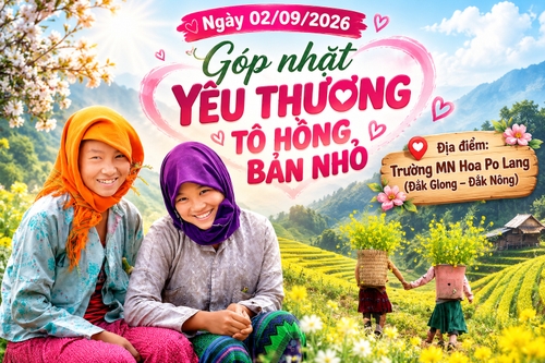 Từ hình https://media.penci.vn/bfc/image/transform/width=800,height=800/libs/images/2025/10/penci_pixabay_girls_8103861_1920.jpg kết hợp với https://media.penci.vn/bfc/image/transform/width=800,height=800/libs/images/2025/03/penci_pixabay_xuanduongvan87_17.jpg, https://media.penci.vn/bfc/image/transform/width=800,height=800/libs/images/2025/08/penci_pixabay_chienba1.jpg cho ra thiết kế với nội dung: Địa điểm:Trường MN Hoa Po Lang(Đắk Glong – Đắk Nông)