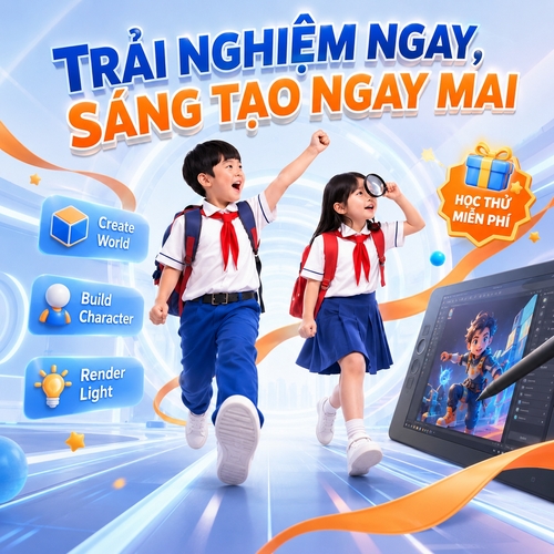Từ hình https://media.penci.vn/bfc/image/transform/width=800,height=800/libs/images/2026/05/penci_bich_tram_w5_1.jpg kết hợp cho ra thiết kế với nội dung: Thiết kế post social dọc phong cách quảng cáo khóa học 3D hiện đại, tông màu xanh dương – trắng – cam, cảm giác công nghệ, năng động và truyền cảm hứng. Trung tâm là nhân vật 3D hoạt hình đang bước/chạy về phía trước, góc máy thấp để tạo cảm giác nổi bật và bứt phá. Bối cảnh là không gian tương lai với hiệu ứng ánh sáng, đường dẫn phối cảnh, ribbon cam uốn lượn, các icon/ngôi sao trang trí. Xung quanh thêm các cụm chữ ngắn như Create World, Build Character, Render Light để thể hiện nội dung học. Góc phải có màn hình tablet minh họa vẽ digital art. Phần chữ headline lớn ở trên, kèm một badge nhỏ nhấn mạnh học thử miễn phí hoặc ưu đãi quà tặng. Tổng thể trẻ trung, bắt mắt, đậm chất sáng tạo số..