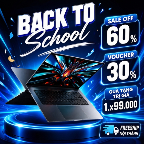 BACK TO School, SALE OFF 60%, VOUCHER 30%, QUÀ TẶNG TRỊ GIÁ 1.x99.000, FREESHIP NỘI THÀNH,tone xanh dương đen chữ trắng nổi bật, phong cách hiện đại chữ BACK TO font cứng, chữ School font viết tay bay bổng@hinh1