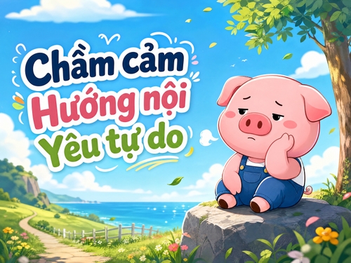 Viết text: Chầm cảm Hướng nội Yêu tự do, kết hợp hình ảnh chủ heo hồng 2D mặt buồn nhưng thần thái vô tư