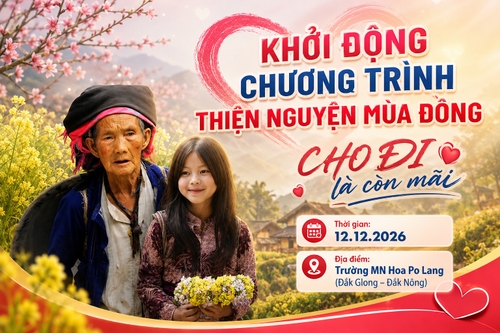 Từ hình https://media.penci.vn/bfc/image/transform/width=800,height=800/libs/images/2025/03/penci_pixabay_xuanduongvan87_13.jpg kết hợp với https://media.penci.vn/bfc/image/transform/width=800,height=800/libs/images/2024/11/penci_pixabay_con_gai_tre_em_mien_nui_viet_nam_ha_giang_thanhvu68.jpg, https://media.penci.vn/bfc/image/transform/width=800,height=800/libs/images/2025/10/penci_pixabay_woman_elder_senior.jpg cho ra thiết kế với nội dung: Thời gian: 12.12.2026Địa điểm: Trường MN Hoa Po Lang (Đắk Glong – Đắk Nông)