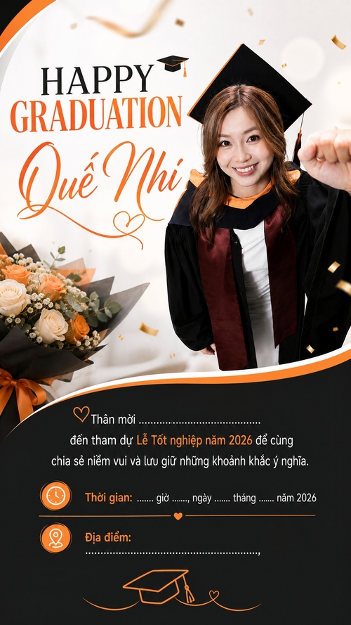 Từ hình https://media.penci.vn/bfc/image/transform/width=800,height=800/libs/images/2026/07/penci_bich_tram_w66.jpg kết hợp cho ra thiết kế với nội dung: tone cam đen trắng hiện đại, chữ Quế Nhi font viết tay bay bổng