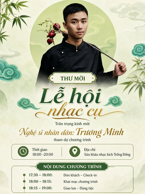 Thư mời Lễ hội nhạc cụ, mời Nghệ sĩ nhân dân Trương Minh tham dự, diễn ra từ 18:00 - 20:00 tại Sân khâu nhạc kich Trống Đồng với nội dung chương trình gồm đón khách, khai mạc và giao lưu.